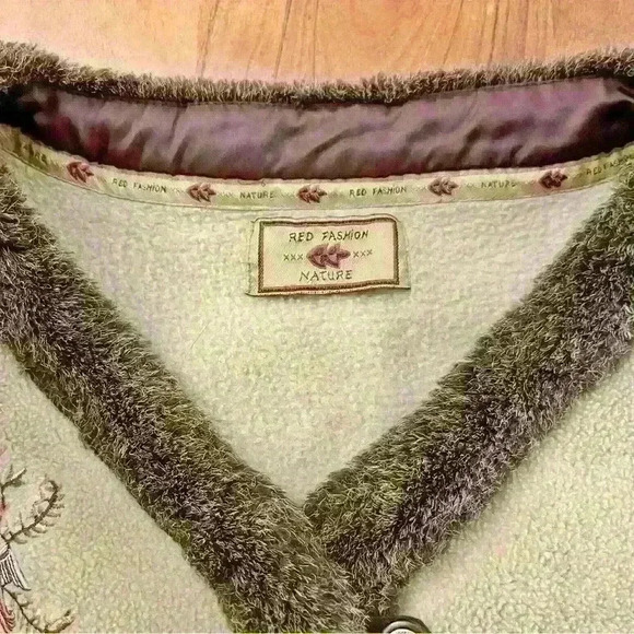 Vintage Oversized  Nature Tone Beige Fleece Button Down Vest with Faux Fur - Picture 6 of 12